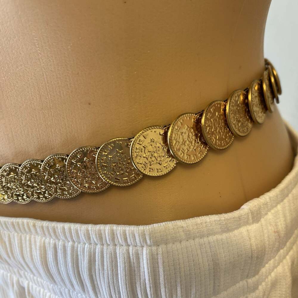 VTG Women Dress Belt GoldPlated Concho Ornate Formal Occasion S 26โ Stretch RARE